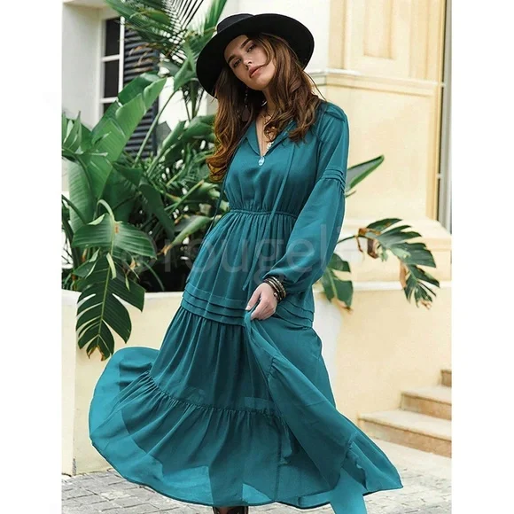 Teal Blue Bohemian Maxi Dress Chiffon Neck Ties Long Sleeve Ruffle Hem Flowy
